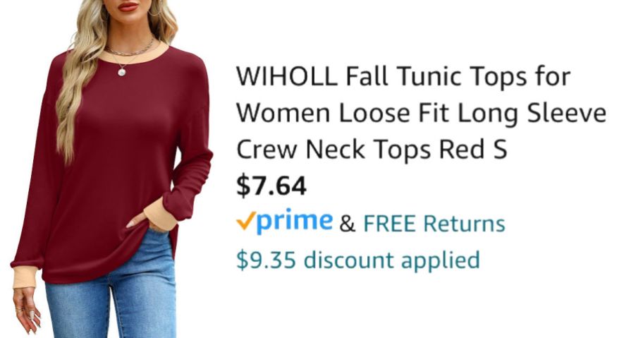 woman wearing red sweatshirt next to Amazon pricing information