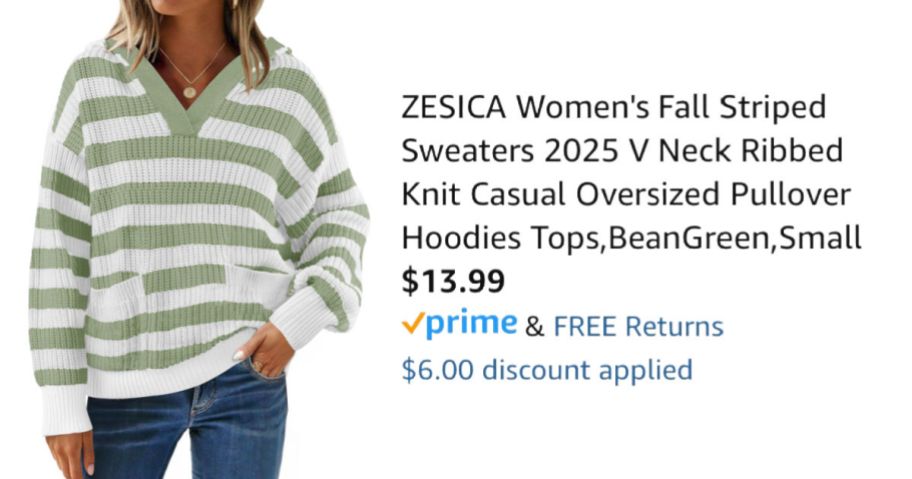 woman wearing striped sweater next to Amazon pricing information