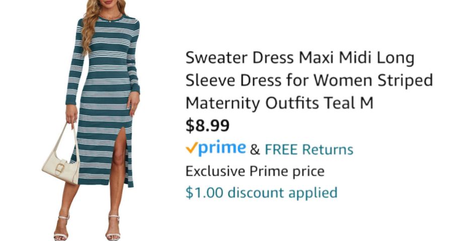 woman wearing striped dress next to Amazon pricing information