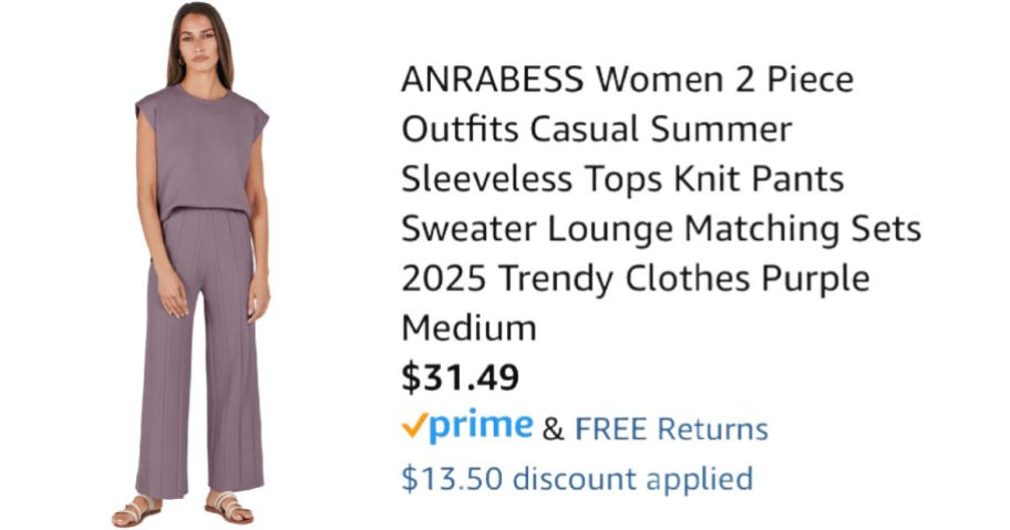 woman wearing purple outfit next to Amazon pricing information