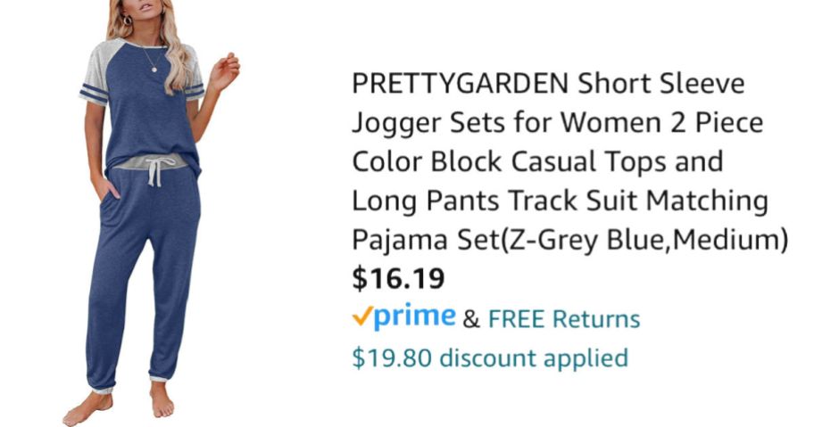 woman wearing blue tracksuit next to Amazon pricing information