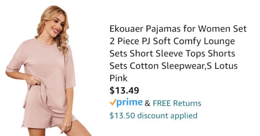 woman wearing pink pajamas next to Amazon pricing information