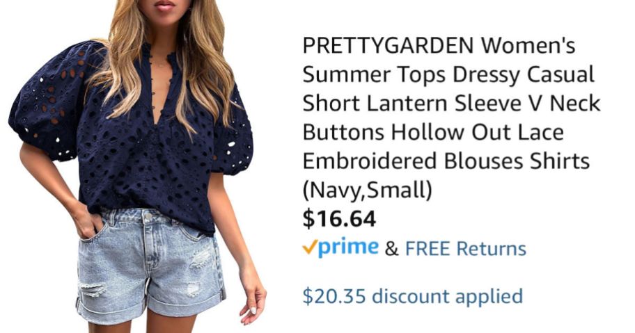 woman wearing navy blouse next to Amazon pricing information