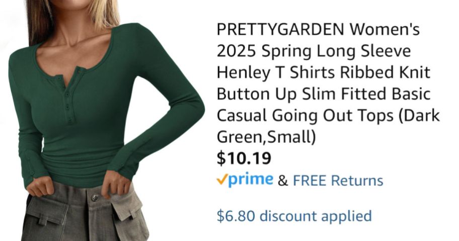 woman wearing green henley next to Amazon pricing information