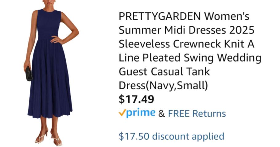 woman wearing navy blue tank dress next to Amazon pricing information