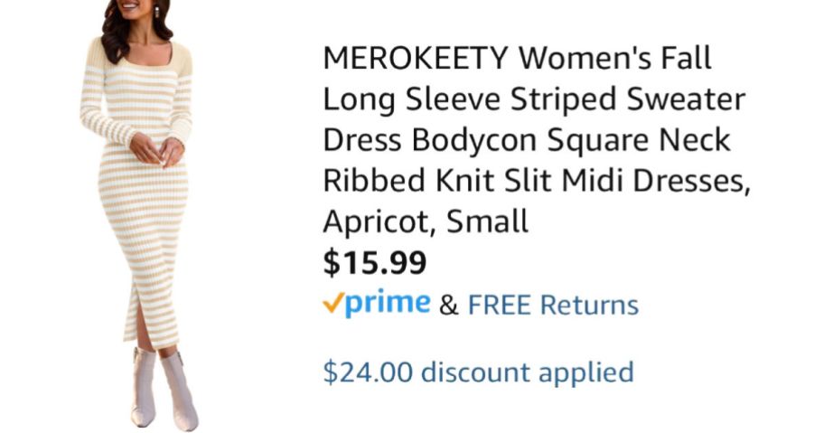 woman wearing striped dress next to Amazon pricing information