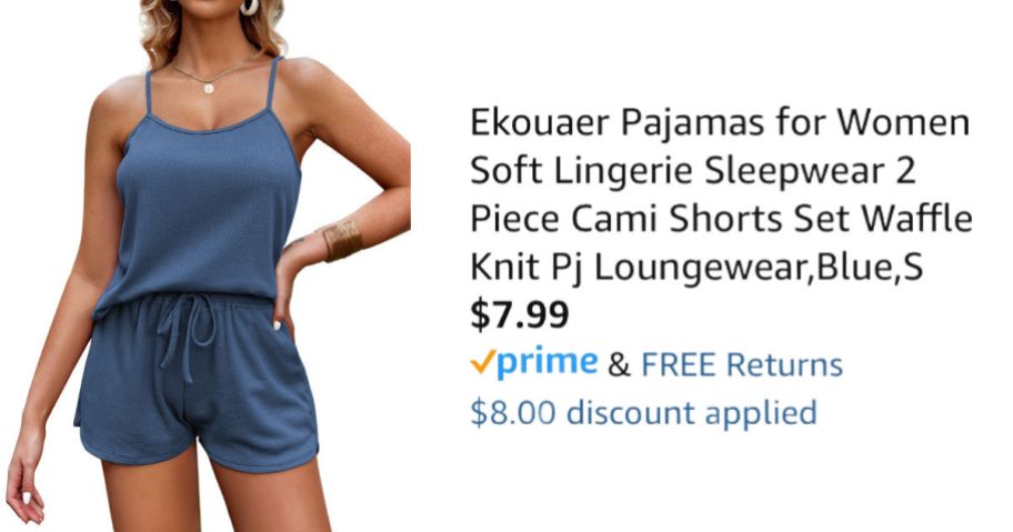 woman wearing blue pajama set next to Amazon pricing information