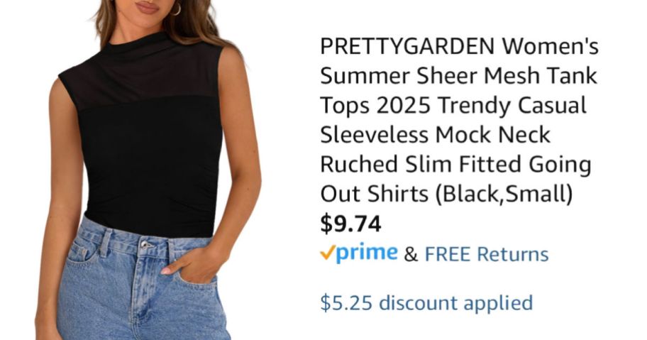 woman wearing black tank next to Amazon pricing information