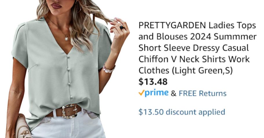 woman wearing light green chiffon shirt next to Amazon pricing information