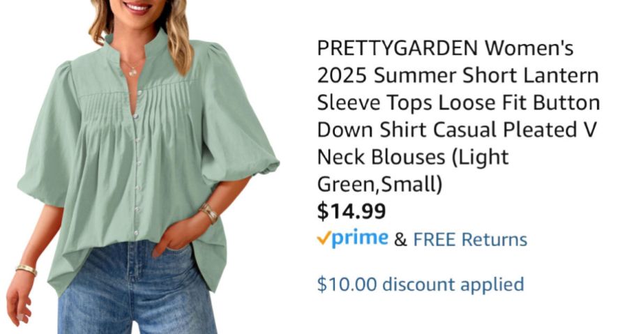 woman wearing green shirt next to Amazon pricing information