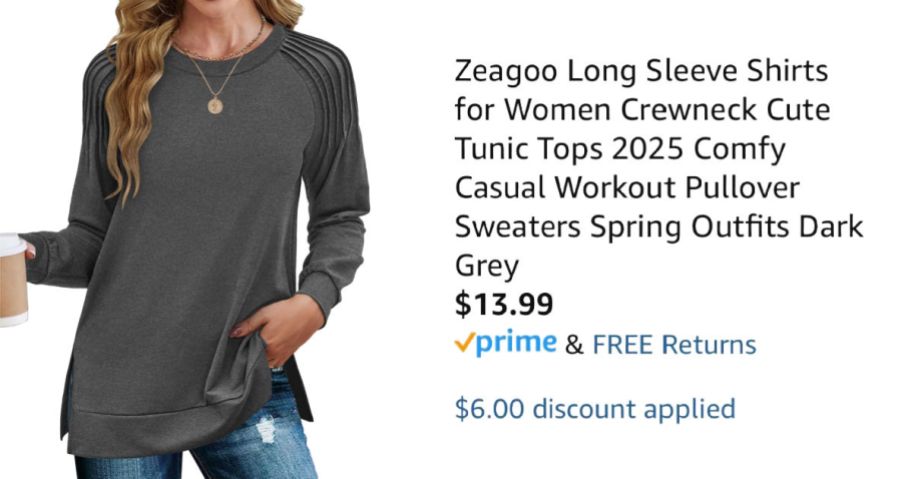 woman wearing gray shirt next to Amazon pricing information