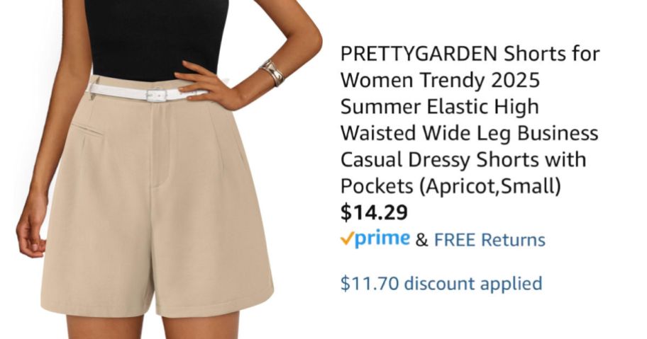 woman wearing khaki shorts next to Amazon pricing information