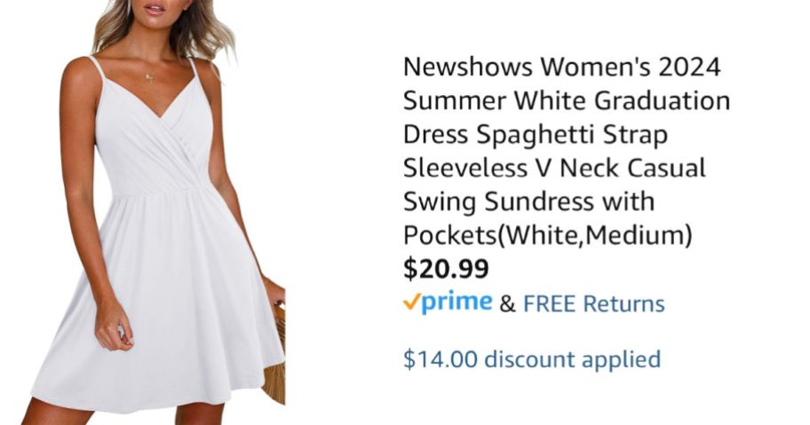 woman wearing white dress next to Amazon pricing information