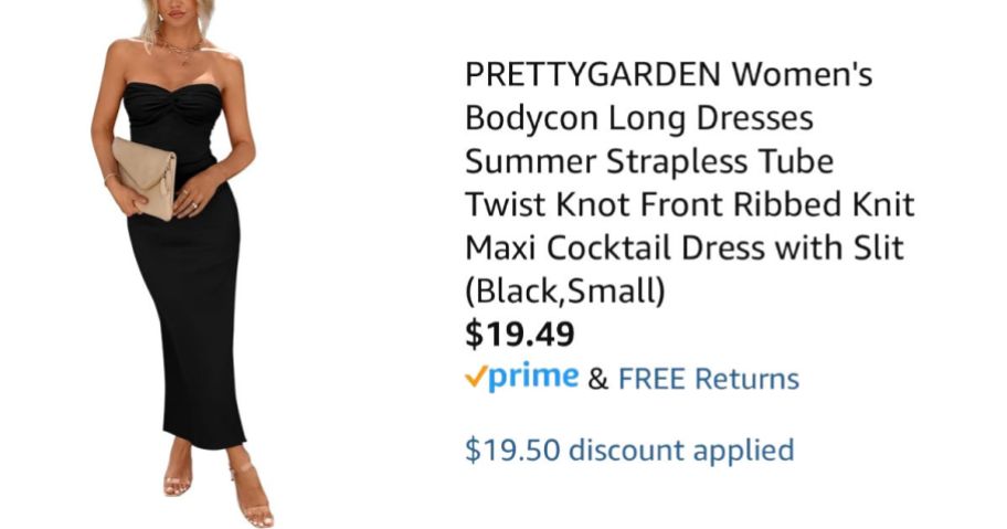 woman wearing black dress next to Amazon pricing information