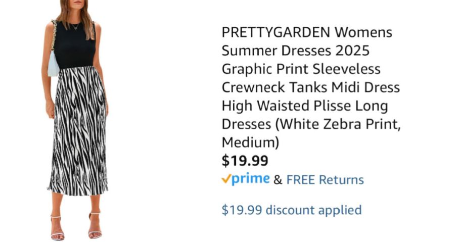 woman wearing dress next to Amazon pricing information