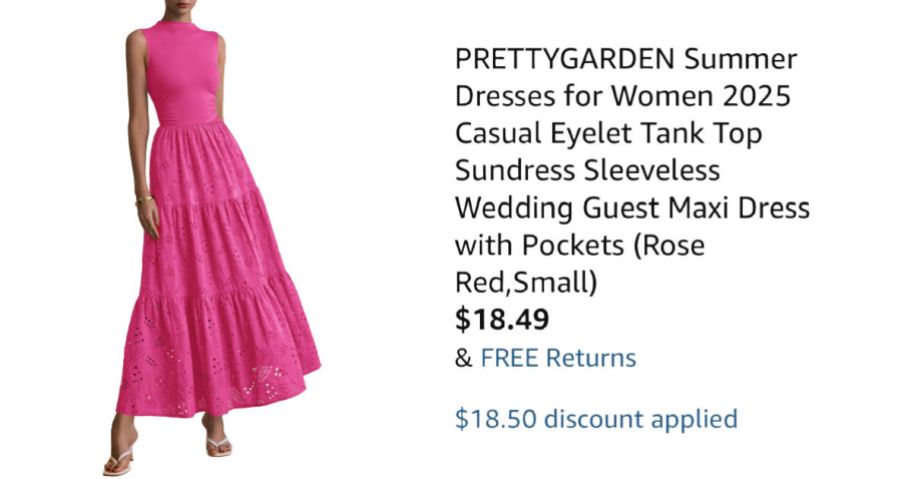 woman wearing pink dress next to Amazon pricing information