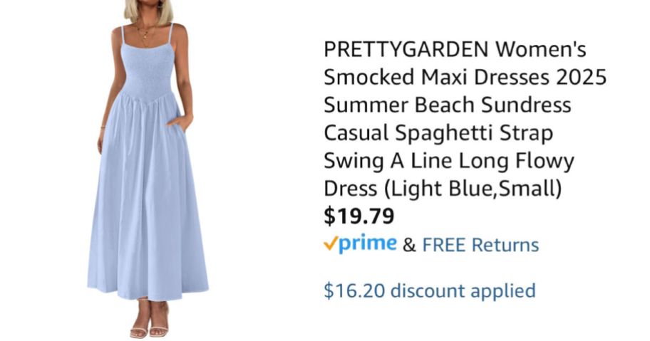 woman wearing blue sundress next to Amazon pricing information