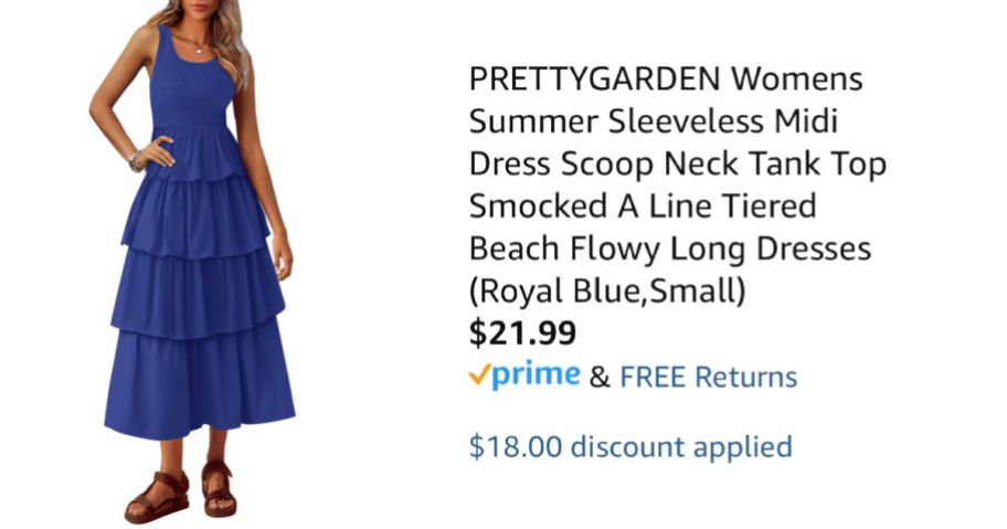 woman wearing blue dress next to Amazon pricing information