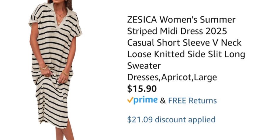 woman wearing striped dress next to Amazon pricing information