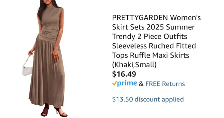 woman wearing tan skirt set next to Amazon pricing information