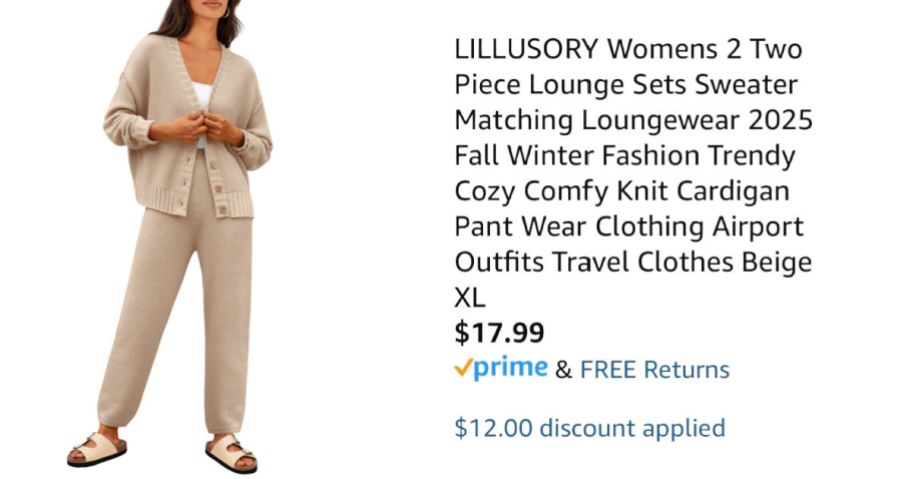 woman wearing beige sweater set next to Amazon pricing information