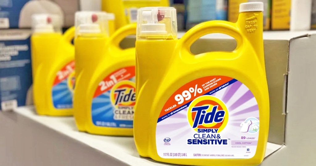 yellow jugs of tide simply laundry detergents in a row