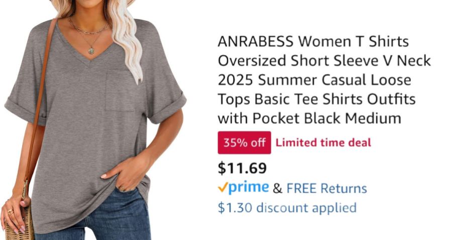 woman wearing tan shirt next to Amazon pricing information