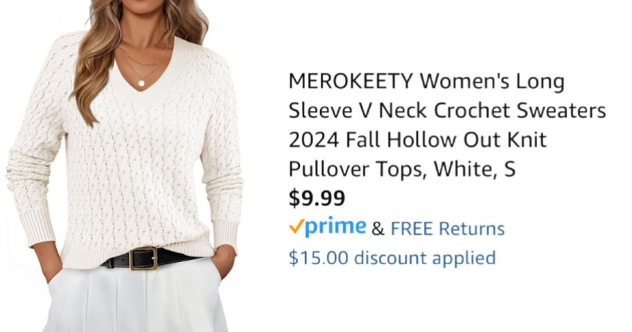 woman wearing white sweater next to Amazon pricing information