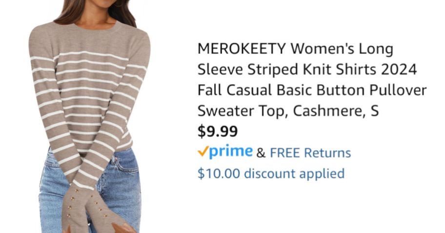 woman wearing striped sweater next to Amazon pricing information