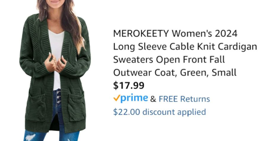 woman wearing green cardigan next to Amazon pricing information