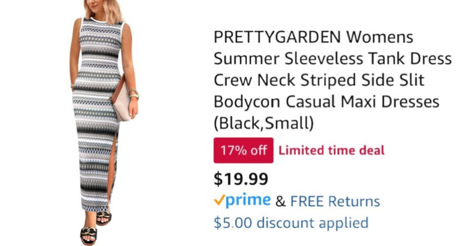 woman wearing a dress next to Amazon pricing information