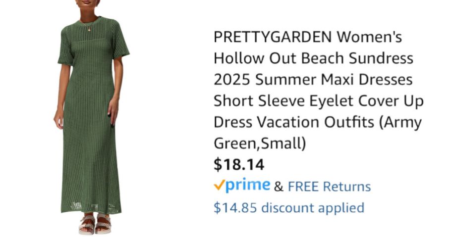 woman wearing green dress next to Amazon pricing information