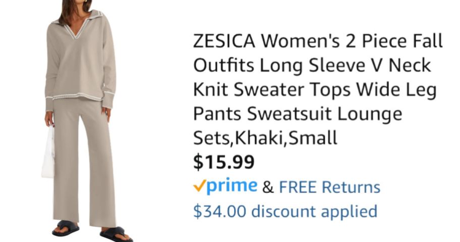 woman wearing tan outfit next to Amazon pricing information