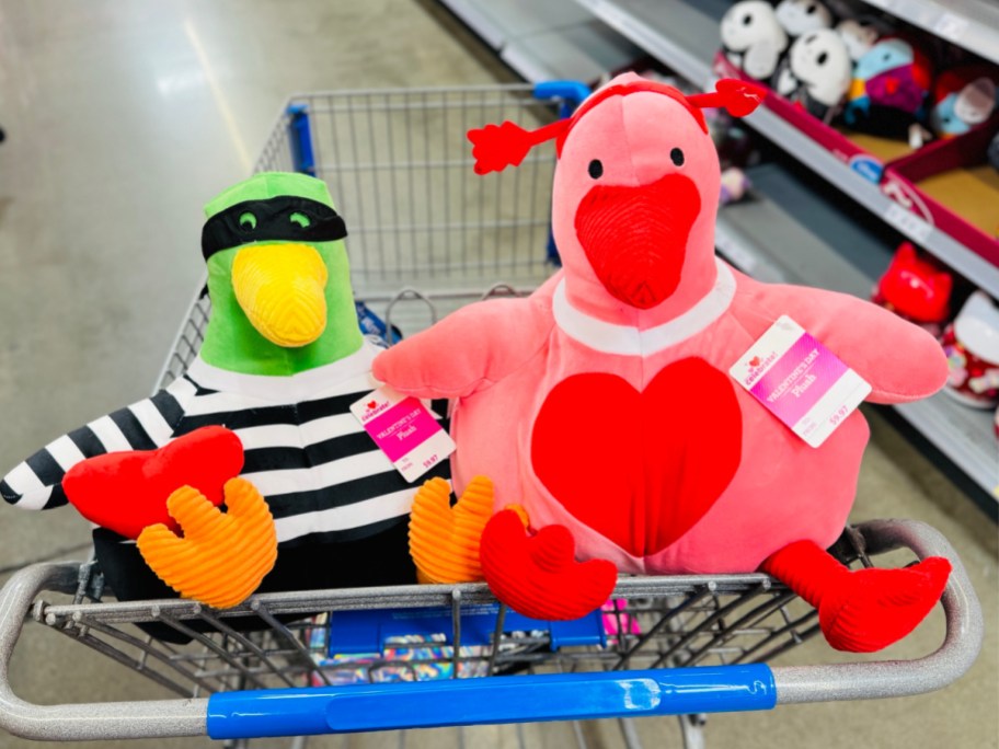 bandit and pink duck plush in shopping cart