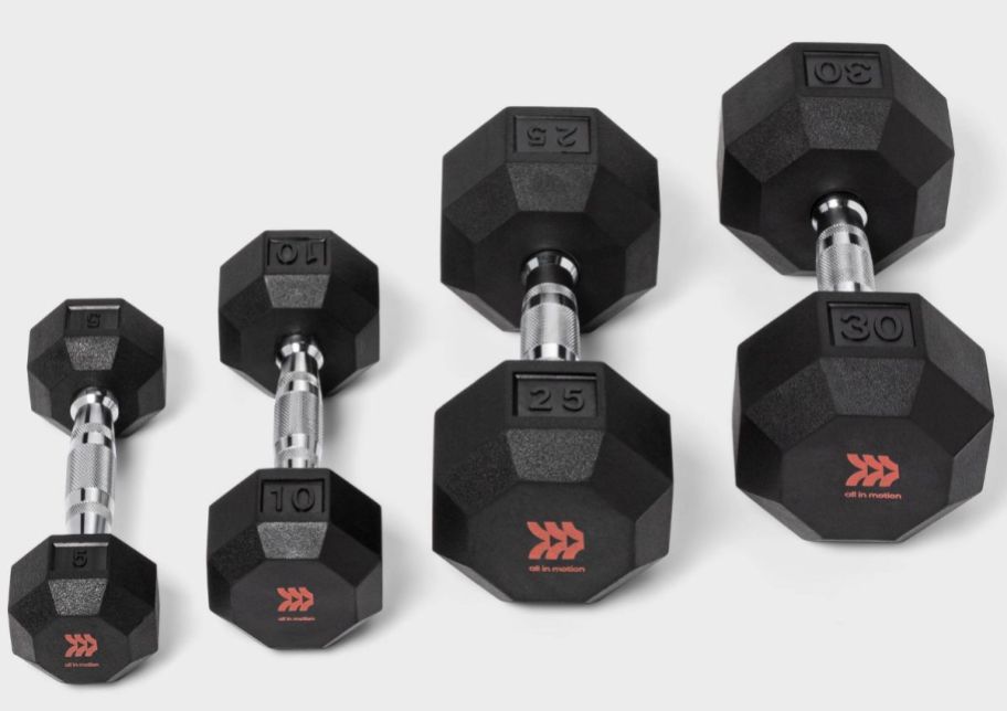 4 hex shaped dumbbells in various weights