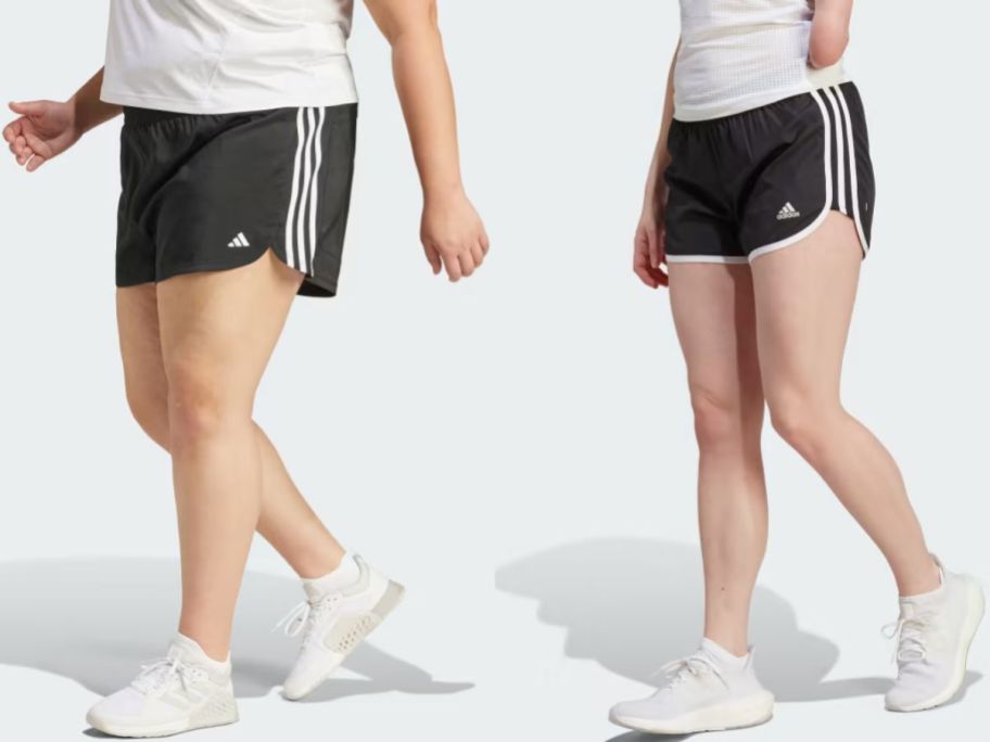 stock images of two women wearing adidas shorts