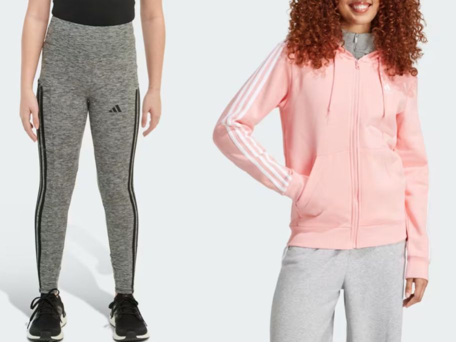 stock images of a girl wearing adidas leggings and a woman wearing an adidas full-zip hoodie