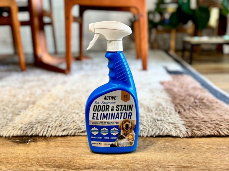 Active Pet Odor & Stain Eliminator on floor next to area rug