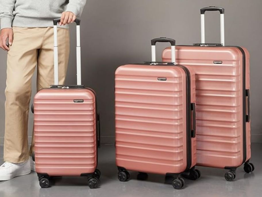 Amazon Basics Hardshell 3-Piece Luggage Set in Rose Gold