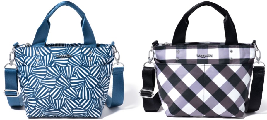 blue/white and black/white printed mini tote bags