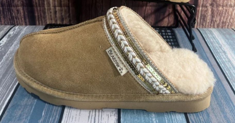 A Bearpaw Tanya Suede Embellished Slipper Mules in brown