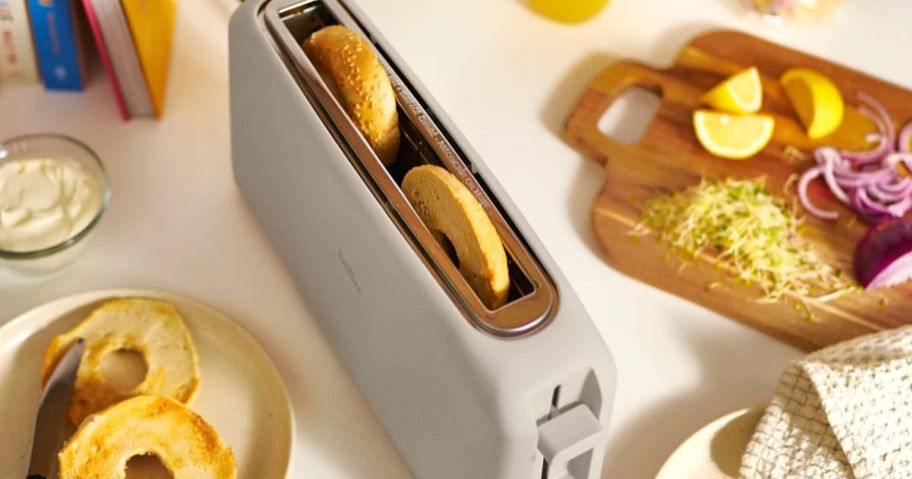 A slim toaster on a counter