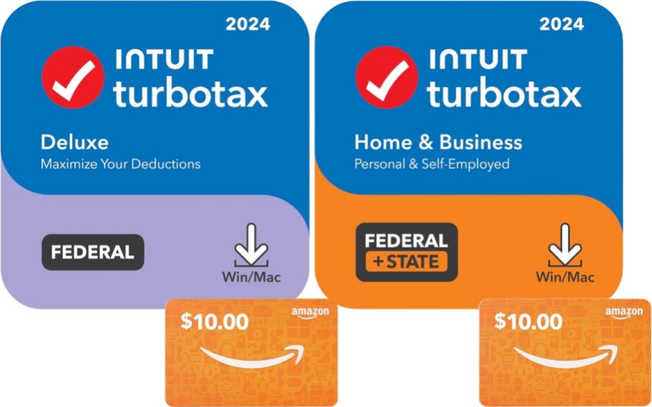 two Turbo Tax product cards with smaller $10 Amazon gift cards