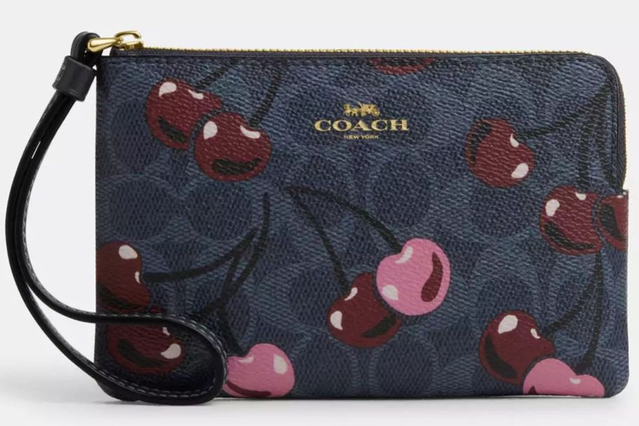 Coach Corner Zip Wristlet In Signature Canvas With Cherry Print