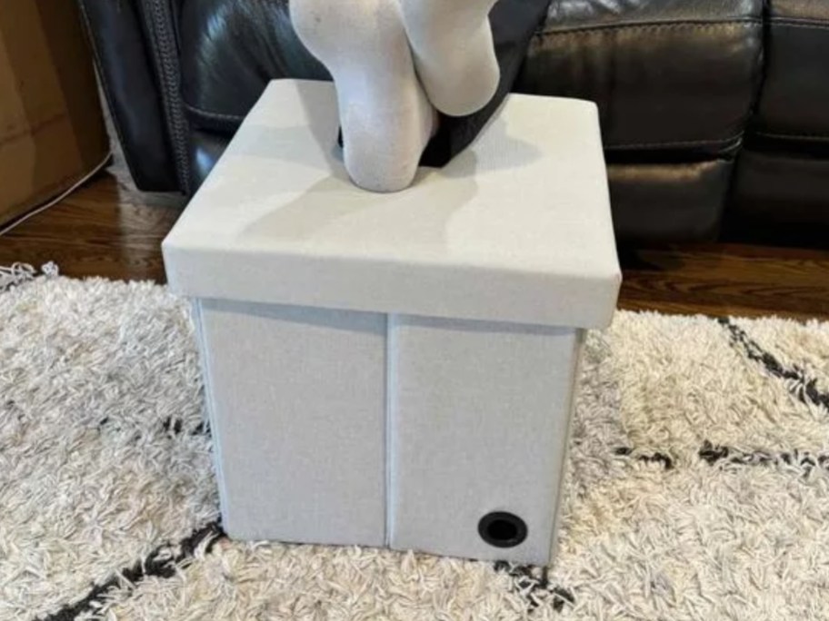 a light grey storage ottoman on a tan and blue rug, a man's feet are crossed and propped on top of it, you can see he's sitting on a brown leather sofa