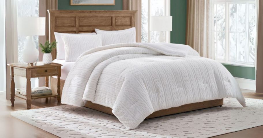 My Texas House Anabel Carved Fur 3-Piece White Faux Rabbit Fur Comforter Set on bed in bedroom