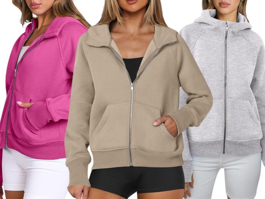 3 women wearing Anrabess Cropped Zip Hoodies