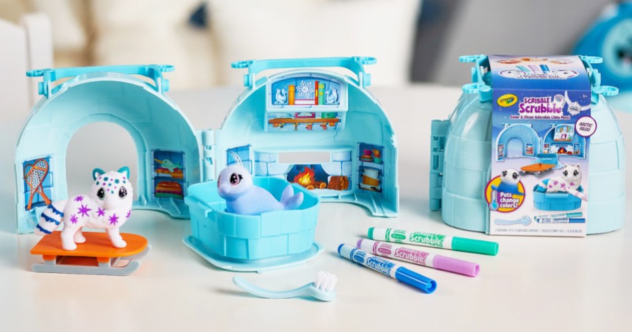 opened igloo playset with snow fox and walrus pets and markers