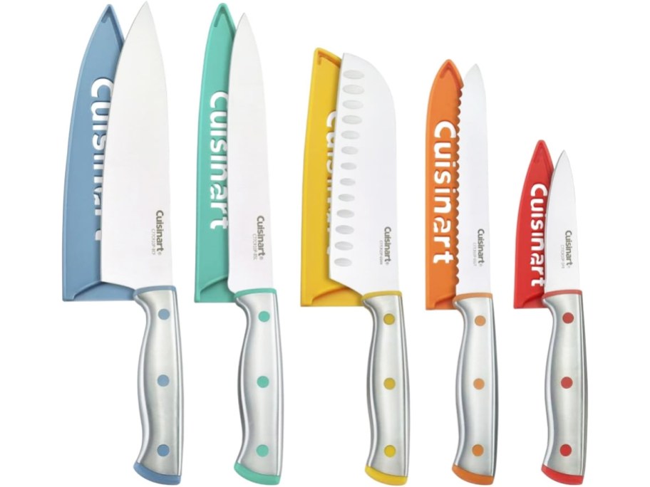 set of 5 Cuisinart knives with colorful blade protectors