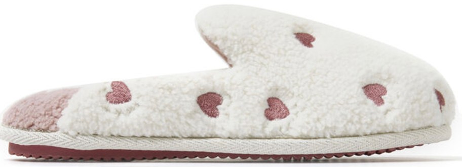 white and pink heart slippers 